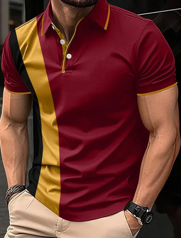 Men's Polo Shirt Button Up Polos Casual Sports Lapel Short Sleeve Fashion Basic Color Block Patchwork Summer Regular Fit Black White Red Navy Blue Dark Green Polo Shirt