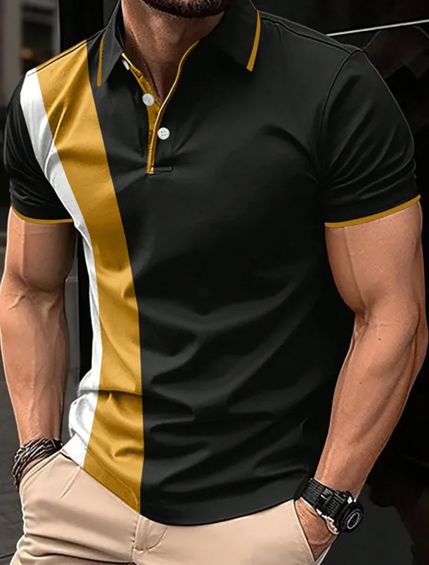 Men's Polo Shirt Button Up Polos Casual Sports Lapel Short Sleeve Fashion Basic Color Block Patchwork Summer Regular Fit Black White Red Navy Blue Dark Green Polo Shirt