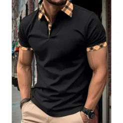 Men's Polo Shirt Button Up Polos Casual Holiday Lapel Short Sleeve Fashion Basic Plaid Color Block Patchwork Summer Regular Fit Black White Red Navy Blue Sky Blue Beige Polo Shirt