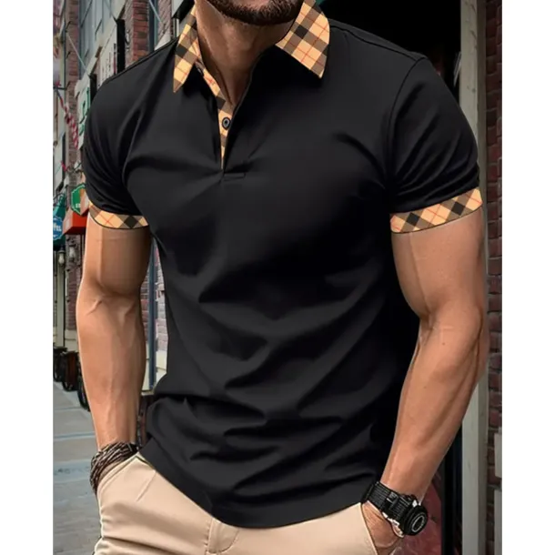 Men's Polo Shirt Button Up Polos Casual Holiday Lapel Short Sleeve Fashion Basic Plaid Color Block Patchwork Summer Regular Fit Black White Red Navy Blue Sky Blue Beige Polo Shirt