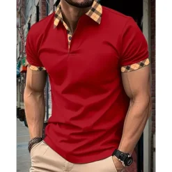 Men's Polo Shirt Button Up Polos Casual Holiday Lapel Short Sleeve Fashion Basic Plaid Color Block Patchwork Summer Regular Fit Black White Red Navy Blue Sky Blue Beige Polo Shirt