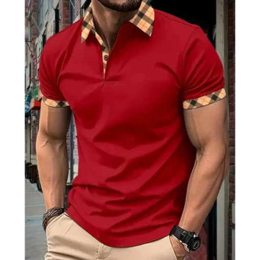 Men's Polo Shirt Button Up Polos Casual Holiday Lapel Short Sleeve Fashion Basic Plaid Color Block Patchwork Summer Regular Fit Black White Red Navy Blue Sky Blue Beige Polo Shirt