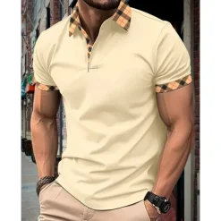 Men's Polo Shirt Button Up Polos Casual Holiday Lapel Short Sleeve Fashion Basic Plaid Color Block Patchwork Summer Regular Fit Black White Red Navy Blue Sky Blue Beige Polo Shirt