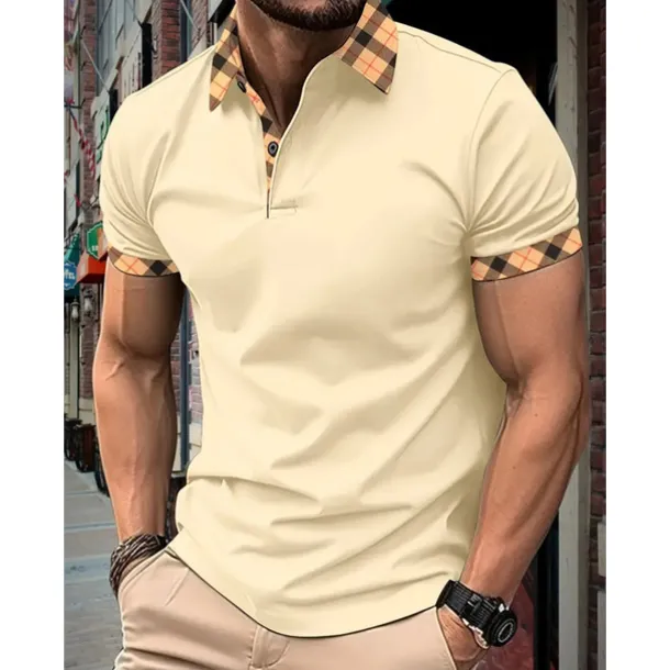 Men's Polo Shirt Button Up Polos Casual Holiday Lapel Short Sleeve Fashion Basic Plaid Color Block Patchwork Summer Regular Fit Black White Red Navy Blue Sky Blue Beige Polo Shirt