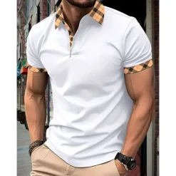 Men's Polo Shirt Button Up Polos Casual Holiday Lapel Short Sleeve Fashion Basic Plaid Color Block Patchwork Summer Regular Fit Black White Red Navy Blue Sky Blue Beige Polo Shirt