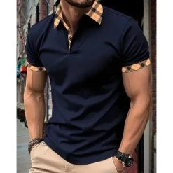 Men's Polo Shirt Button Up Polos Casual Holiday Lapel Short Sleeve Fashion Basic Plaid Color Block Patchwork Summer Regular Fit Black White Red Navy Blue Sky Blue Beige Polo Shirt