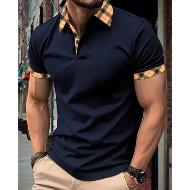 Men's Polo Shirt Button Up Polos Casual Holiday Lapel Short Sleeve Fashion Basic Plaid Color Block Patchwork Summer Regular Fit Black White Red Navy Blue Sky Blue Beige Polo Shirt