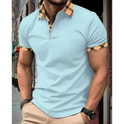 Men's Polo Shirt Button Up Polos Casual Holiday Lapel Short Sleeve Fashion Basic Plaid Color Block Patchwork Summer Regular Fit Black White Red Navy Blue Sky Blue Beige Polo Shirt