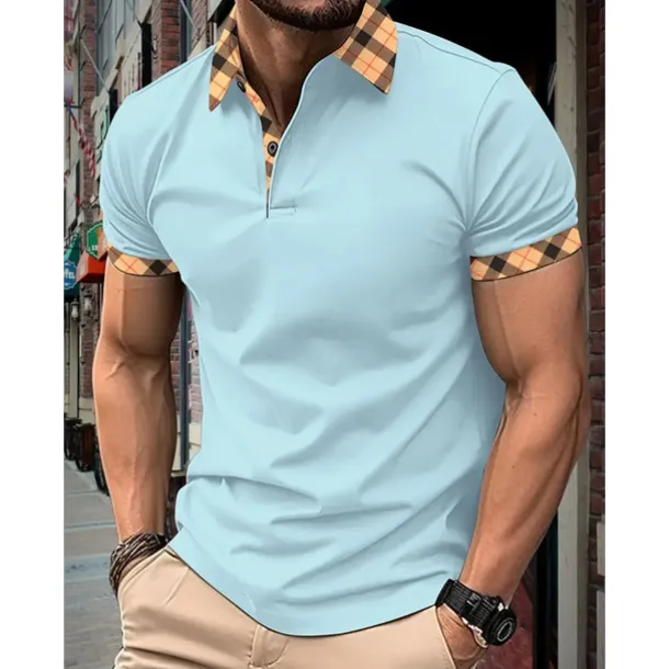 Men's Polo Shirt Button Up Polos Casual Holiday Lapel Short Sleeve Fashion Basic Plaid Color Block Patchwork Summer Regular Fit Black White Red Navy Blue Sky Blue Beige Polo Shirt