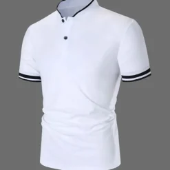 Men's Polo Shirt Collarless Golf Shirts Casual Holiday Stand Collar Short Sleeve Fashion Basic Plain Button Summer Regular Fit Black White Burgundy Polo Shirt