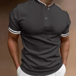Men's Polo Shirt Collarless Golf Shirts Casual Holiday Stand Collar Short Sleeve Fashion Basic Plain Button Summer Regular Fit Black White Burgundy Polo Shirt