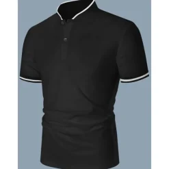 Men's Polo Shirt Collarless Golf Shirts Casual Holiday Stand Collar Short Sleeve Fashion Basic Plain Button Summer Regular Fit Black White Burgundy Polo Shirt