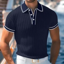 Men's Polo Shirt Golf Shirt Work Casual Lapel Ribbed Polo Collar Short Sleeve Basic Modern Color Block Patchwork Button Spring & Summer Regular Fit Light Blue White Burgundy Navy Blue Gray Polo Shirt