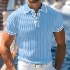 Men's Polo Shirt Golf Shirt Work Casual Lapel Ribbed Polo Collar Short Sleeve Basic Modern Color Block Patchwork Button Spring & Summer Regular Fit Light Blue White Burgundy Navy Blue Gray Polo Shirt