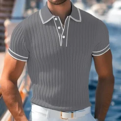 Men's Polo Shirt Golf Shirt Work Casual Lapel Ribbed Polo Collar Short Sleeve Basic Modern Color Block Patchwork Button Spring & Summer Regular Fit Light Blue White Burgundy Navy Blue Gray Polo Shirt