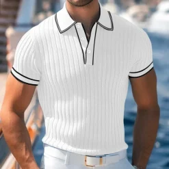 Men's Polo Shirt Golf Shirt Work Casual Lapel Ribbed Polo Collar Short Sleeve Basic Modern Color Block Patchwork Button Spring & Summer Regular Fit Light Blue White Burgundy Navy Blue Gray Polo Shirt