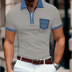 Men's Polo Shirt Golf Shirt Casual Holiday Lapel Quarter Zip Short Sleeve Fashion Basic Color Block Quarter Zip Summer Regular Fit Light Blue Black White Khaki Dark Grey Polo Shirt