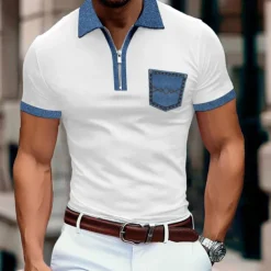 Men's Polo Shirt Golf Shirt Casual Holiday Lapel Quarter Zip Short Sleeve Fashion Basic Color Block Quarter Zip Summer Regular Fit Light Blue Black White Khaki Dark Grey Polo Shirt