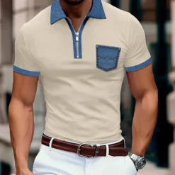 Men's Polo Shirt Golf Shirt Casual Holiday Lapel Quarter Zip Short Sleeve Fashion Basic Color Block Quarter Zip Summer Regular Fit Light Blue Black White Khaki Dark Grey Polo Shirt