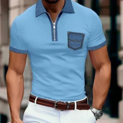 Men's Polo Shirt Golf Shirt Casual Holiday Lapel Quarter Zip Short Sleeve Fashion Basic Color Block Quarter Zip Summer Regular Fit Light Blue Black White Khaki Dark Grey Polo Shirt