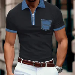 Men's Polo Shirt Golf Shirt Casual Holiday Lapel Quarter Zip Short Sleeve Fashion Basic Color Block Quarter Zip Summer Regular Fit Light Blue Black White Khaki Dark Grey Polo Shirt