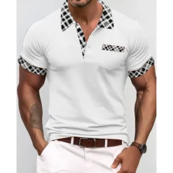 Men's Polo Shirt Golf Shirt Casual Holiday Lapel Short Sleeve Fashion Basic Houndstooth Plaid / Check Patchwork Pocket Summer Regular Fit Dark Grey White Sky Blue Orange Khaki Polo Shirt