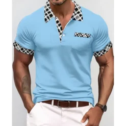 Men's Polo Shirt Golf Shirt Casual Holiday Lapel Short Sleeve Fashion Basic Houndstooth Plaid / Check Patchwork Pocket Summer Regular Fit Dark Grey White Sky Blue Orange Khaki Polo Shirt