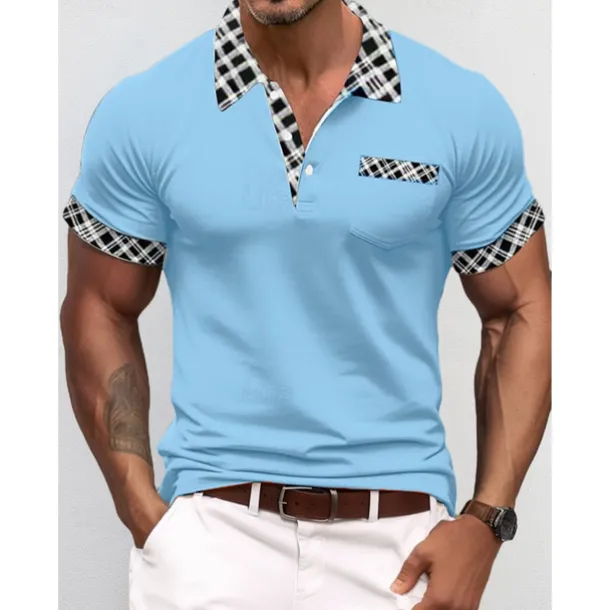 Men's Polo Shirt Golf Shirt Casual Holiday Lapel Short Sleeve Fashion Basic Houndstooth Plaid / Check Patchwork Pocket Summer Regular Fit Dark Grey White Sky Blue Orange Khaki Polo Shirt