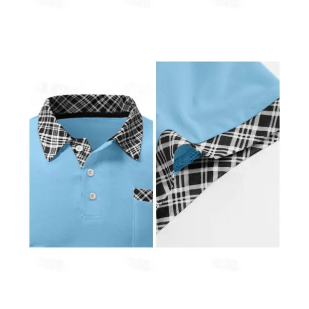 Men's Polo Shirt Golf Shirt Casual Holiday Lapel Short Sleeve Fashion Basic Houndstooth Plaid / Check Patchwork Pocket Summer Regular Fit Dark Grey White Sky Blue Orange Khaki Polo Shirt