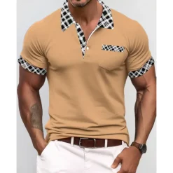 Men's Polo Shirt Golf Shirt Casual Holiday Lapel Short Sleeve Fashion Basic Houndstooth Plaid / Check Patchwork Pocket Summer Regular Fit Dark Grey White Sky Blue Orange Khaki Polo Shirt