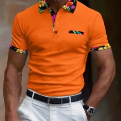 Men's Polo Shirt Golf Shirt Work Casual Lapel Classic Short Sleeve Basic Modern Floral Color Block Patchwork Button Spring & Summer Regular Fit Black White Orange Green Polo Shirt