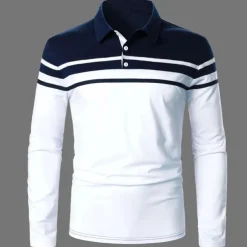 Men's Polo Shirt Golf Shirt Casual Holiday Lapel Classic Long Sleeve Fashion Basic Color Block Button Summer Regular Fit Navy Black Red Dark Navy Polo Shirt