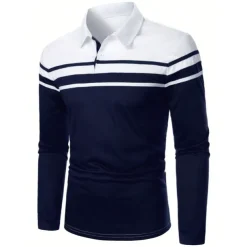 Men's Polo Shirt Golf Shirt Casual Holiday Lapel Classic Long Sleeve Fashion Basic Color Block Button Summer Regular Fit Navy Black Red Dark Navy Polo Shirt