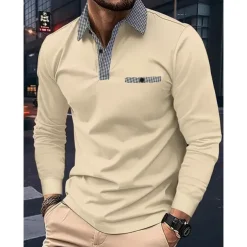Men's Polo Shirt Golf Shirt Casual Sports Lapel Long Sleeve Fashion Basic Color Block Houndstooth Patchwork Button Spring & Fall Regular Fit White Red Navy Blue Khaki Light Blue Polo Shirt