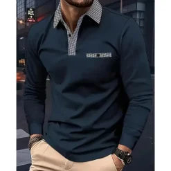 Men's Polo Shirt Golf Shirt Casual Sports Lapel Long Sleeve Fashion Basic Color Block Houndstooth Patchwork Button Spring & Fall Regular Fit White Red Navy Blue Khaki Light Blue Polo Shirt