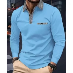 Men's Polo Shirt Golf Shirt Casual Sports Lapel Long Sleeve Fashion Basic Color Block Houndstooth Patchwork Button Spring & Fall Regular Fit White Red Navy Blue Khaki Light Blue Polo Shirt