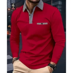 Men's Polo Shirt Golf Shirt Casual Sports Lapel Long Sleeve Fashion Basic Color Block Houndstooth Patchwork Button Spring & Fall Regular Fit White Red Navy Blue Khaki Light Blue Polo Shirt