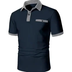 Men's Polo Shirt Golf Shirt Date Vacation Lapel Button Short Sleeves Fashion Plaid / Striped / Chevron / Round Solid / Plain Color Summer Dry-Fit Black White Navy Blue Sky Blue Polo Shirt