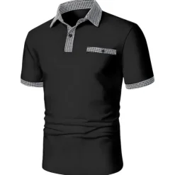 Men's Polo Shirt Golf Shirt Date Vacation Lapel Button Short Sleeves Fashion Plaid / Striped / Chevron / Round Solid / Plain Color Summer Dry-Fit Black White Navy Blue Sky Blue Polo Shirt