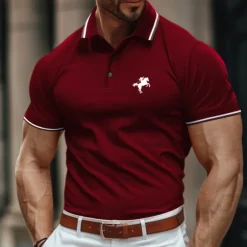 Men's Polo Shirt Golf Shirt Casual Holiday Lapel Short Sleeve Fashion Basic Color Block Horse Patchwork Embroidery Summer Regular Fit Black Burgundy Green Polo Shirt