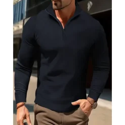 Men's Polo Shirt High Neck Outdoor Casual Lapel Quarter Zip Long Sleeve Fashion Basic Waves Solid / Plain Color Quarter Zip Spring & Fall Regular Fit Black White Dark Navy Blue Polo Shirt