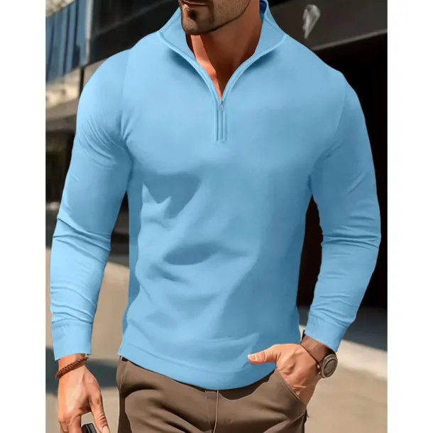 Men's Polo Shirt High Neck Outdoor Casual Lapel Quarter Zip Long Sleeve Fashion Basic Waves Solid / Plain Color Quarter Zip Spring & Fall Regular Fit Black White Dark Navy Blue Polo Shirt