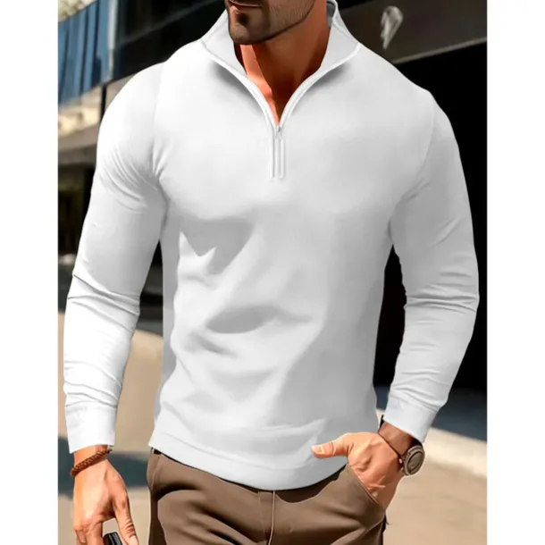 Men's Polo Shirt High Neck Outdoor Casual Lapel Quarter Zip Long Sleeve Fashion Basic Waves Solid / Plain Color Quarter Zip Spring & Fall Regular Fit Black White Dark Navy Blue Polo Shirt