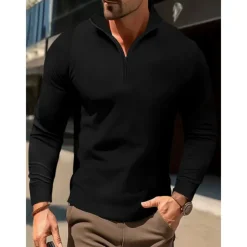 Men's Polo Shirt High Neck Outdoor Casual Lapel Quarter Zip Long Sleeve Fashion Basic Waves Solid / Plain Color Quarter Zip Spring & Fall Regular Fit Black White Dark Navy Blue Polo Shirt
