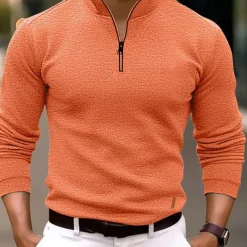 Men's Polo Shirt Quarter Zip Polo Sports & Outdoor Casual Daily Standing Collar Quarter Zip Long Sleeve Fashion Basic Solid Color Pocket Spring & Fall Regular Fit Black Navy Blue Ocean Blue Orange