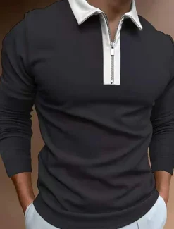Men's Polo Shirt Quarter Zip Polo Work Casual Classic Collar Quarter Zip Long Sleeve Fashion Business Color Block Patchwork Zipper Winter Fall & Winter Regular Fit Wine Black Navy Blue Green Light
