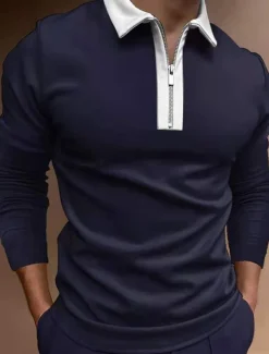 Men's Polo Shirt Quarter Zip Polo Work Casual Classic Collar Quarter Zip Long Sleeve Fashion Business Color Block Patchwork Zipper Winter Fall & Winter Regular Fit Wine Black Navy Blue Green Light