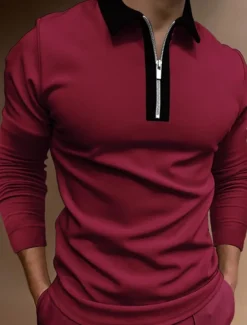Men's Polo Shirt Quarter Zip Polo Work Casual Classic Collar Quarter Zip Long Sleeve Fashion Business Color Block Patchwork Zipper Winter Fall & Winter Regular Fit Wine Black Navy Blue Green Light