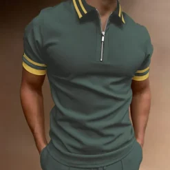 Men's Polo Shirt Quarter Zip Polo Going out golf shirts Turndown Quarter Zip Short Sleeve Sports Designer Vintage Patchwork Zipper Spring & Summer Slim Black Navy Blue Dark Green Polo Shirt