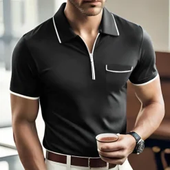 Men's Polo Shirt Zip Polo Casual Holiday Lapel Quarter Zip Short Sleeve Fashion Basic Plain Quarter Zip Summer Regular Fit Black Dark Navy Orange Green Gray Polo Shirt